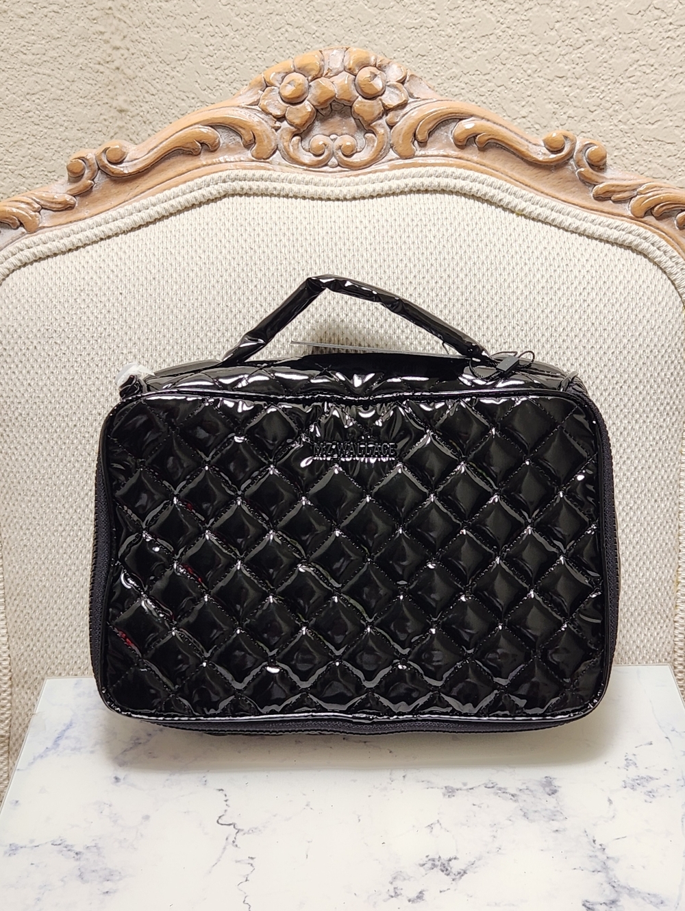 MZ Wallace Black Lacquer Zip Round Cosmetic